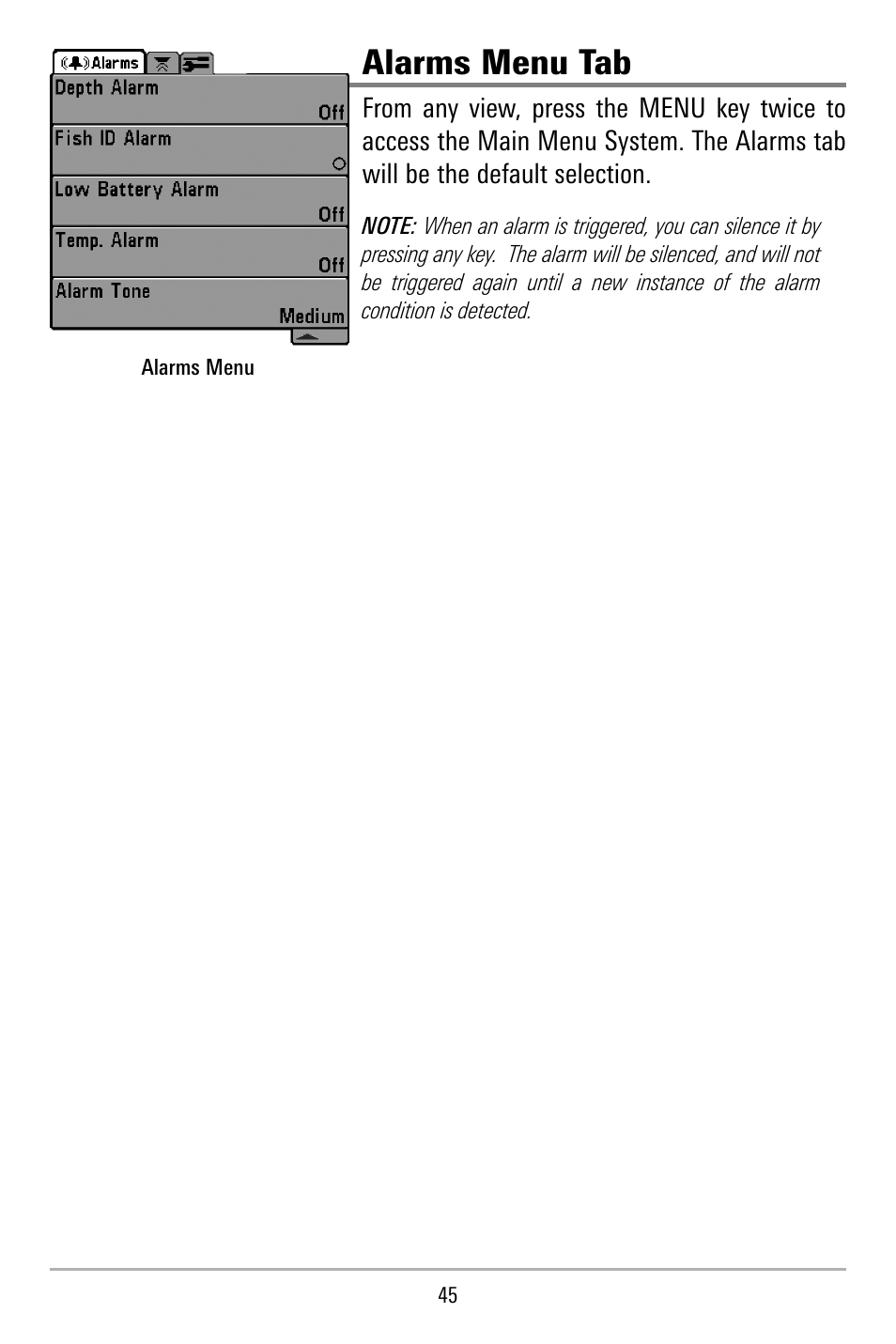 Alarms menu tab | Humminbird 515 User Manual | Page 50 / 86