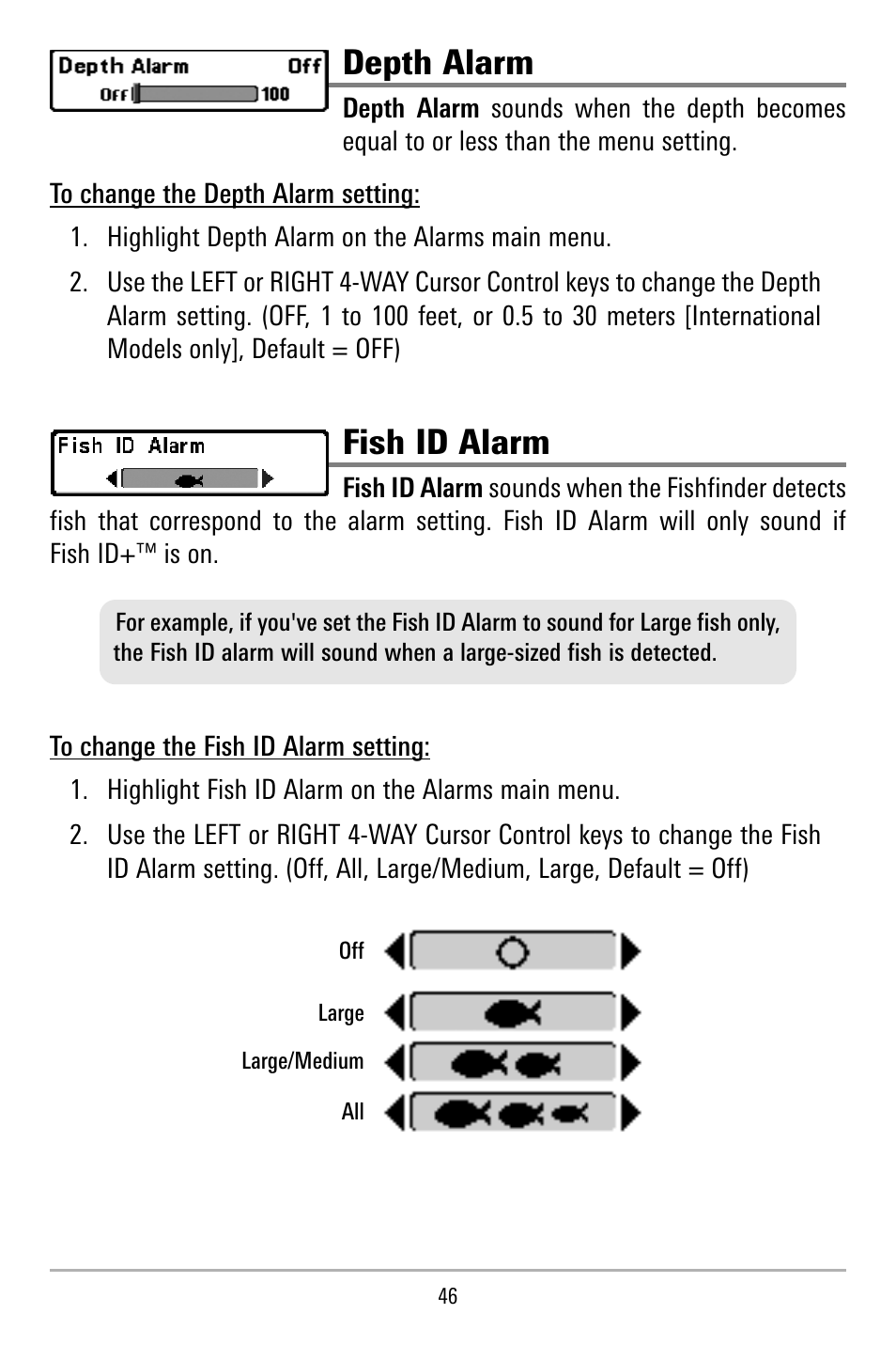 Depth alarm, Fish id alarm | Humminbird 515 User Manual | Page 51 / 86