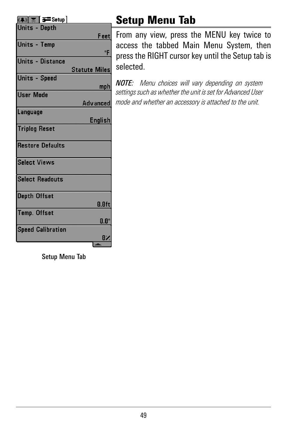 Setup menu tab | Humminbird 515 User Manual | Page 54 / 86