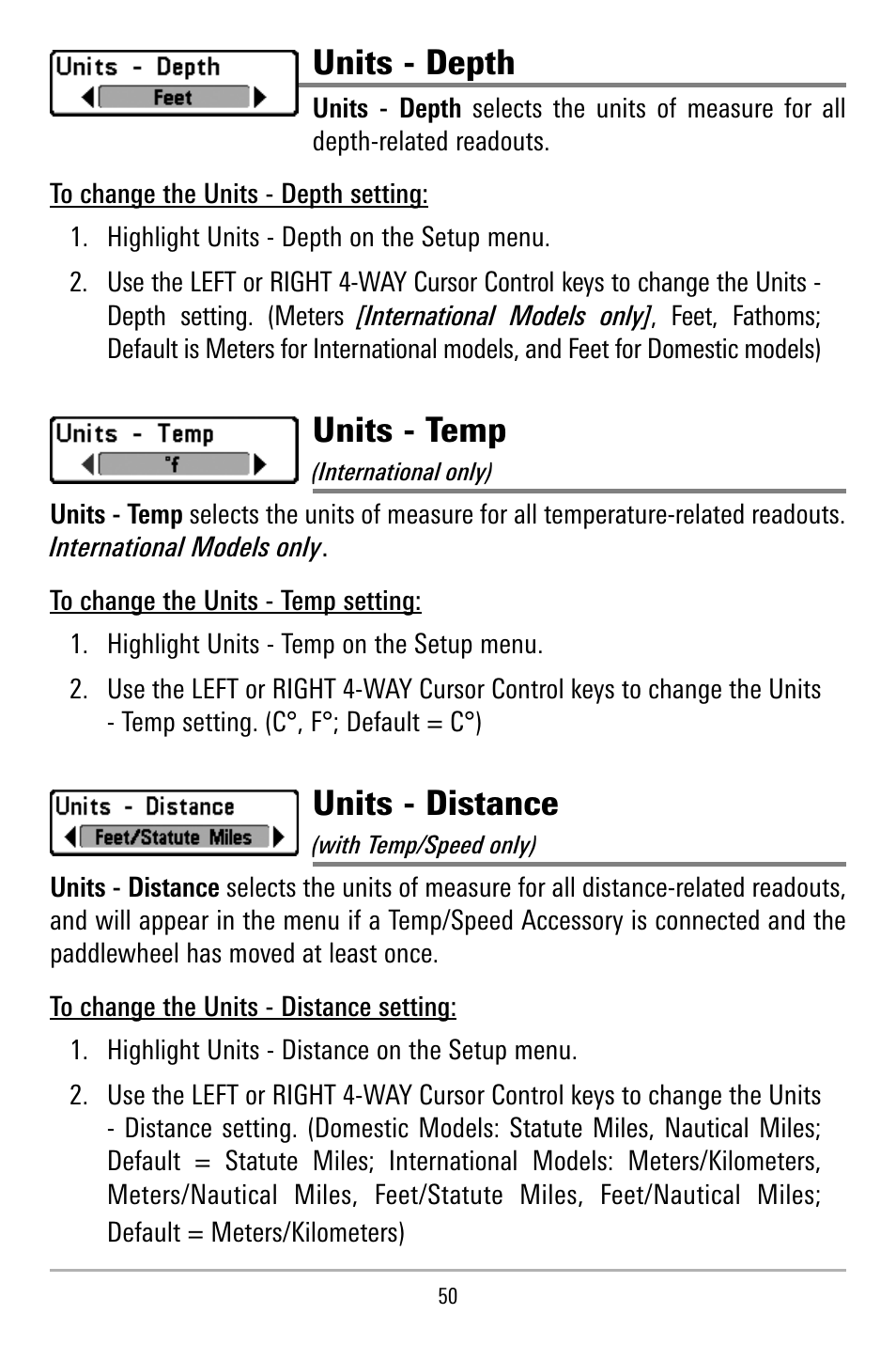 Units - depth, Units - temp, Units - distance | Humminbird 515 User Manual | Page 55 / 86