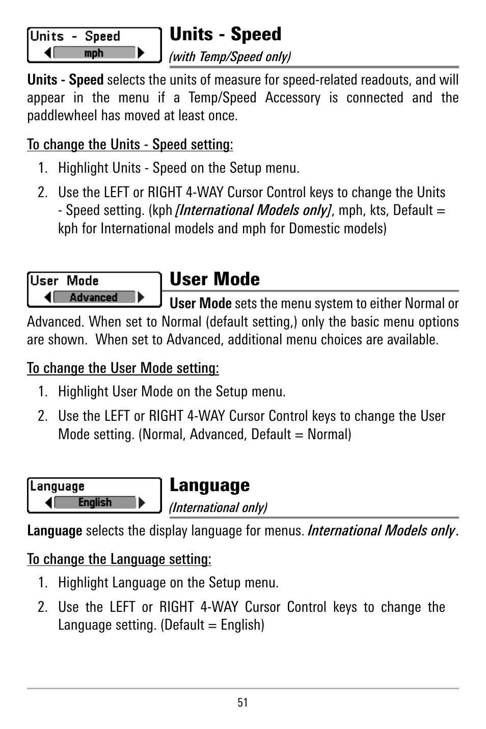 Units - speed, User mode, Language | Humminbird 515 User Manual | Page 56 / 86