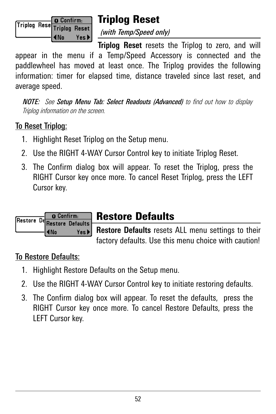 Triplog reset, Restore defaults | Humminbird 515 User Manual | Page 57 / 86