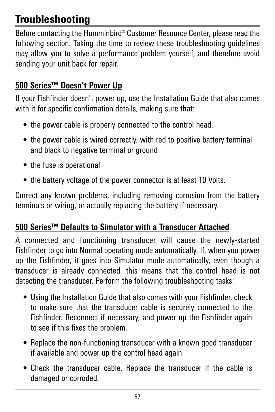 Troubleshooting | Humminbird 515 User Manual | Page 62 / 86