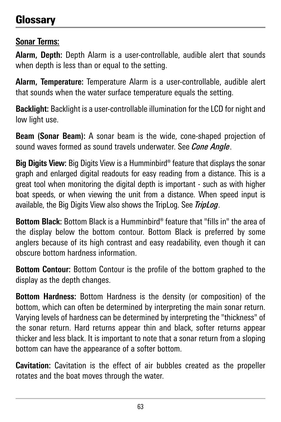 Glossary | Humminbird 515 User Manual | Page 68 / 86
