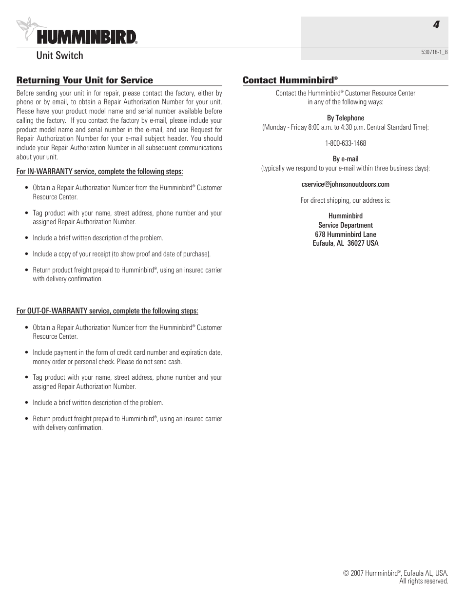 Unit switch 4, Returning your unit for service, Contact humminbird | Humminbird Fishing Equipment User Manual | Page 4 / 4