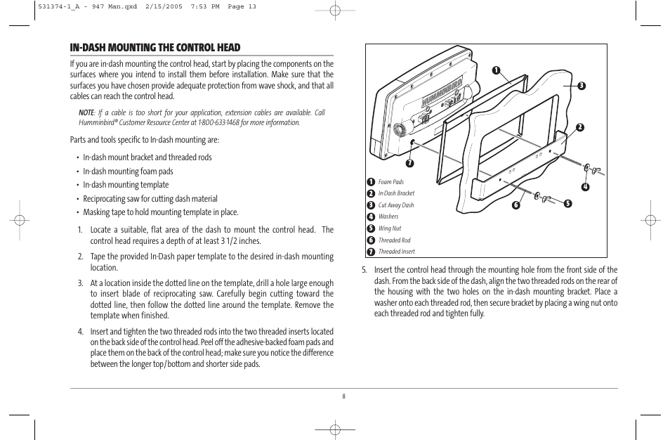 In-dash mounting the control head | Humminbird 947C User Manual | Page 13 / 91