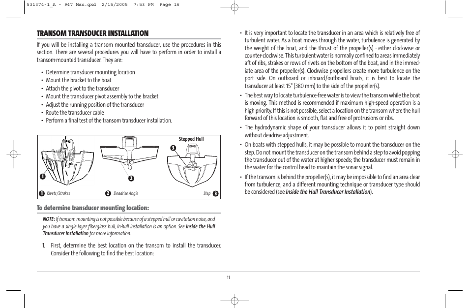 Transom transducer installation | Humminbird 947C User Manual | Page 16 / 91