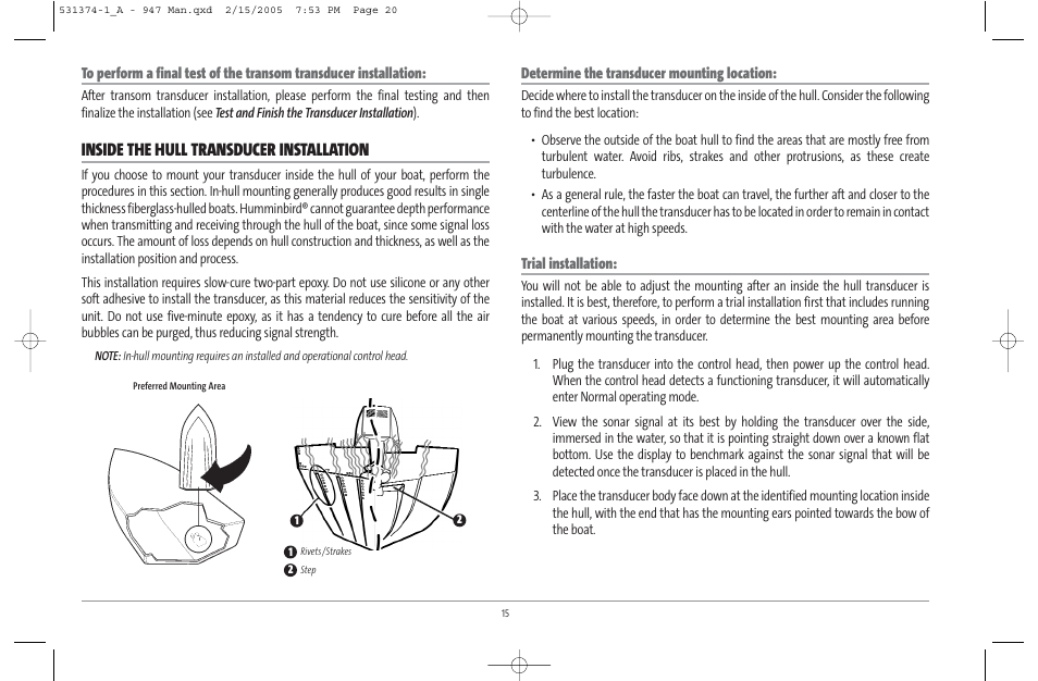 Inside the hull transducer installation | Humminbird 947C User Manual | Page 20 / 91