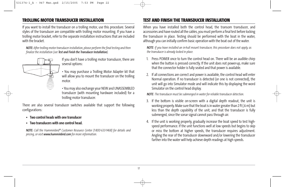 Trolling motor transducer installation, Test and finish the transducer installation | Humminbird 947C User Manual | Page 22 / 91