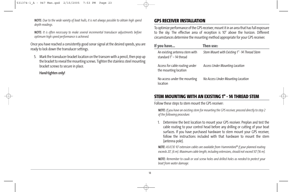 Gps receiver installation, Stem mounting with an existing 1" - 14 thread stem | Humminbird 947C User Manual | Page 23 / 91