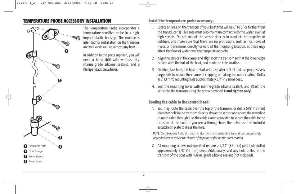 Temperature probe accessory installation, Install the temperature probe accessory, Routing the cable to the control head | Humminbird 947C User Manual | Page 26 / 91