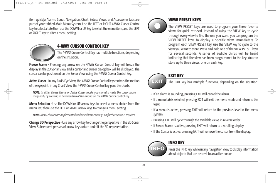 Way cursor control key, View preset keys, Exit key | Info key | Humminbird 947C User Manual | Page 33 / 91