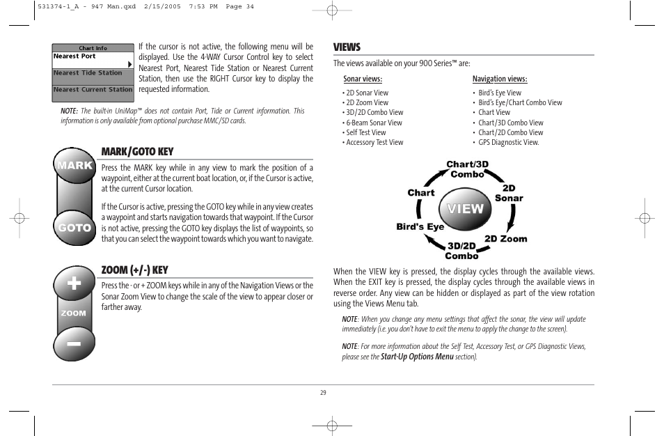 Mark/goto key, Zoom (+/-) key, Views | Humminbird 947C User Manual | Page 34 / 91