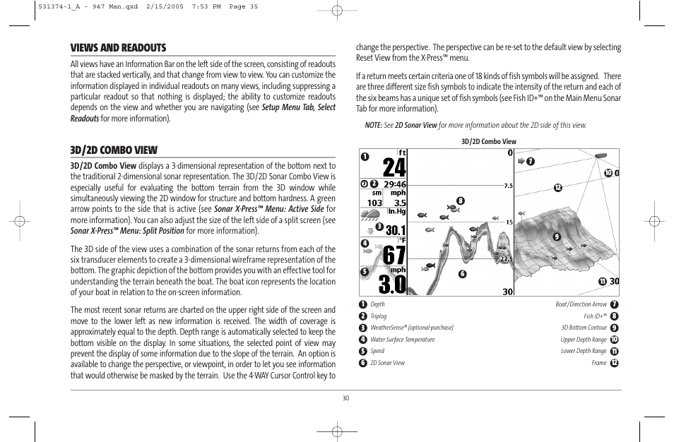 Views and readouts, 3d/2d combo view | Humminbird 947C User Manual | Page 35 / 91