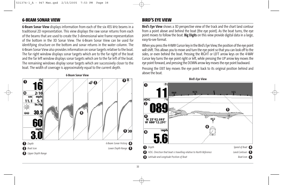 Beam sonar view, Bird’s eye view | Humminbird 947C User Manual | Page 38 / 91