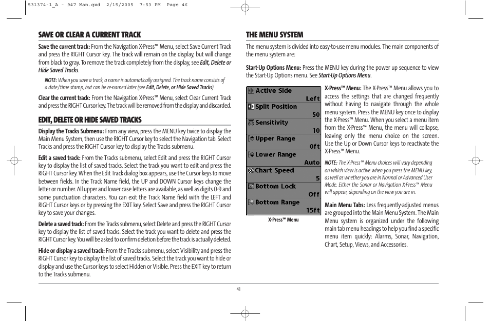 Save or clear a current track, Edit, delete or hide saved tracks, The menu system | Humminbird 947C User Manual | Page 46 / 91