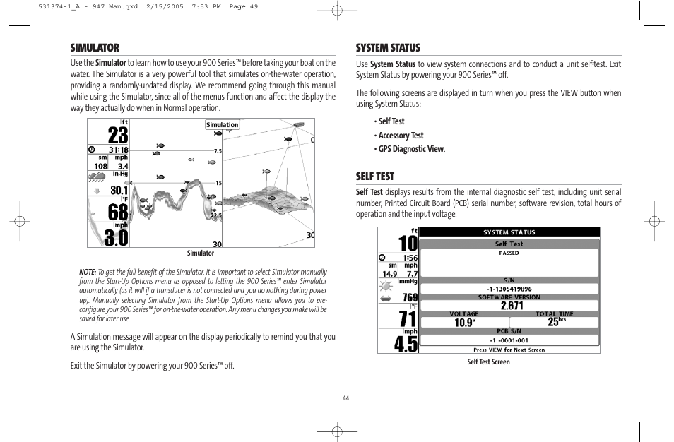 Simulator, System status, Self test | Humminbird 947C User Manual | Page 49 / 91