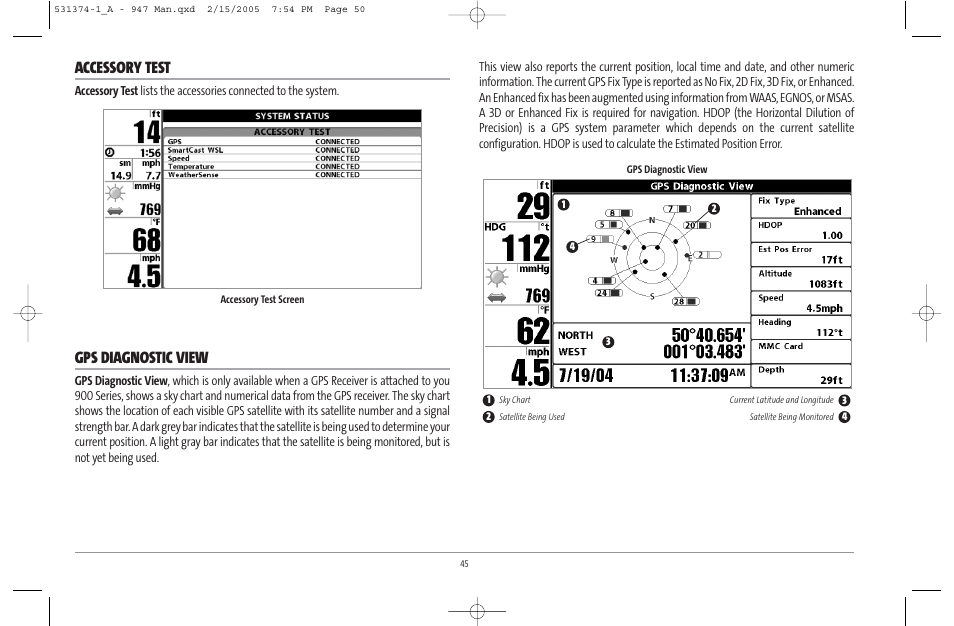 Accessory test, Gps diagnostic view | Humminbird 947C User Manual | Page 50 / 91