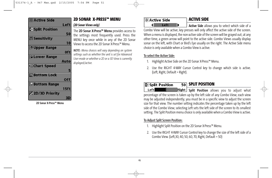 2d sonar x-press™ menu, Active side, Split position | Humminbird 947C User Manual | Page 51 / 91