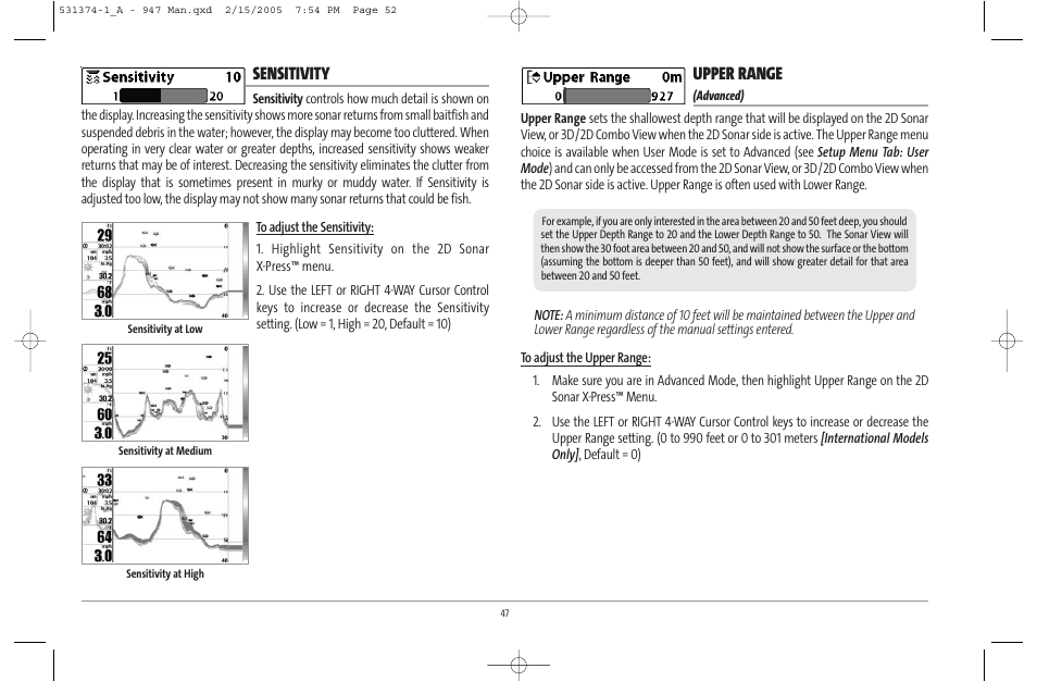 Sensitivity, Upper range | Humminbird 947C User Manual | Page 52 / 91