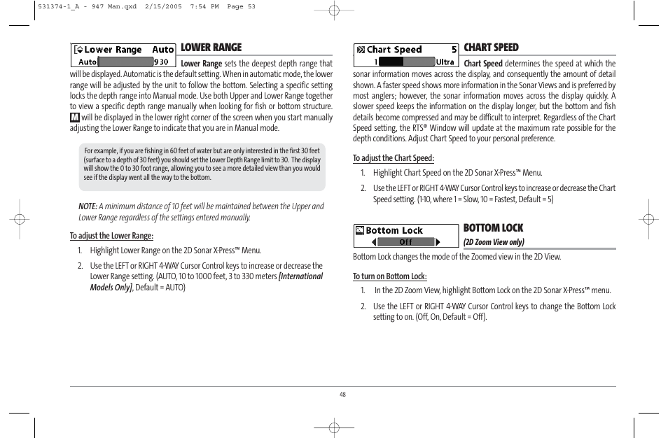 Lower range, Chart speed, Bottom lock | Humminbird 947C User Manual | Page 53 / 91