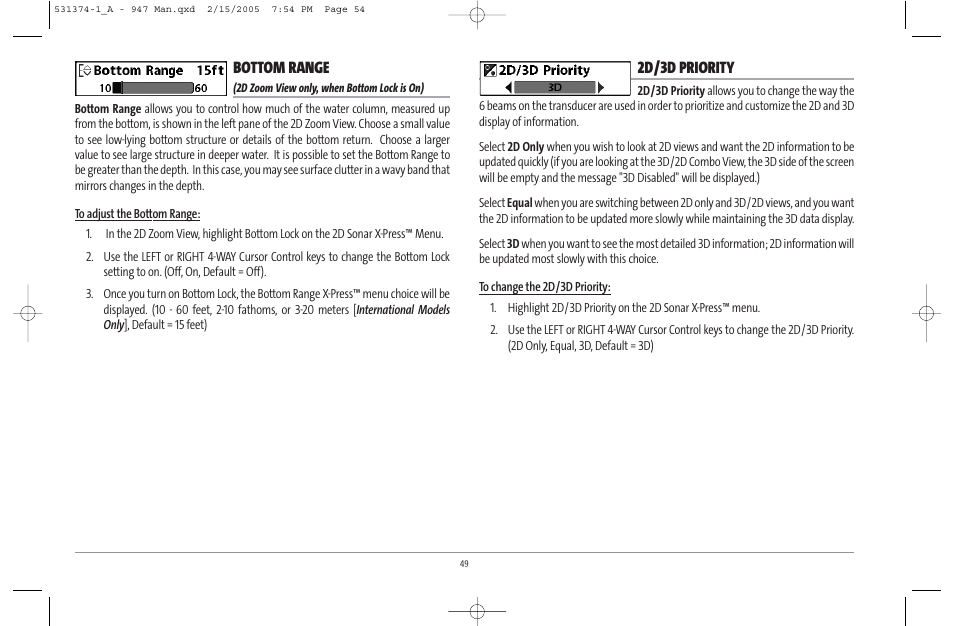 Bottom range, 2d/3d priority | Humminbird 947C User Manual | Page 54 / 91