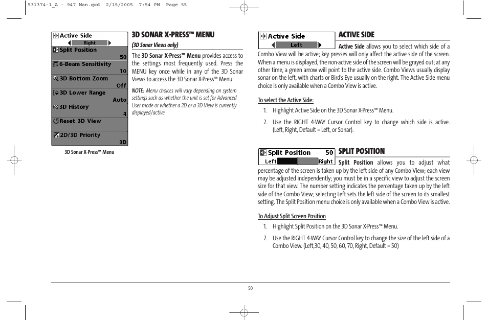 3d sonar x-press™ menu, Active side, Split position | Humminbird 947C User Manual | Page 55 / 91