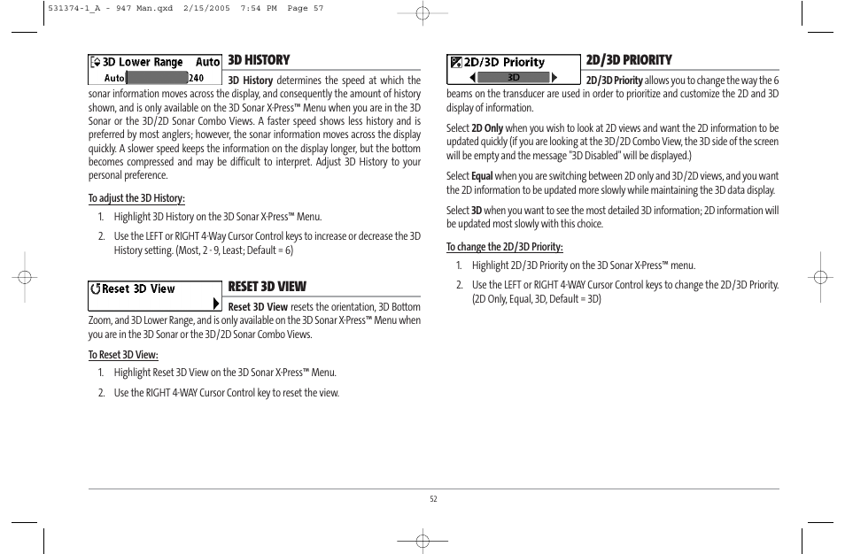 3d history, Reset 3d view, 2d/3d priority | Humminbird 947C User Manual | Page 57 / 91