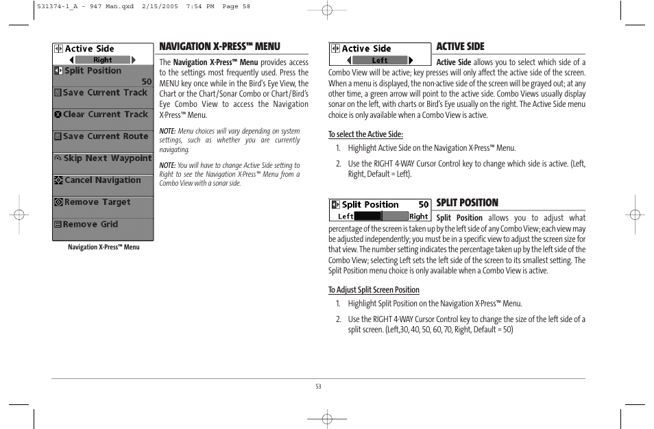 Navigation x-press™ menu, Active side, Split position | Humminbird 947C User Manual | Page 58 / 91