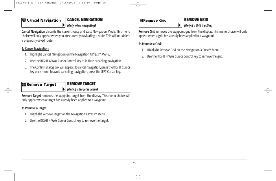 Cancel navigation, Remove target, Remove grid | Humminbird 947C User Manual | Page 60 / 91