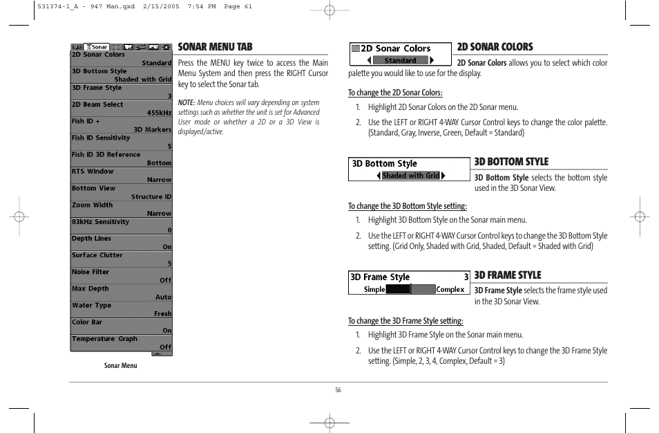 Sonar menu tab, 2d sonar colors, 3d bottom style | 3d frame style | Humminbird 947C User Manual | Page 61 / 91