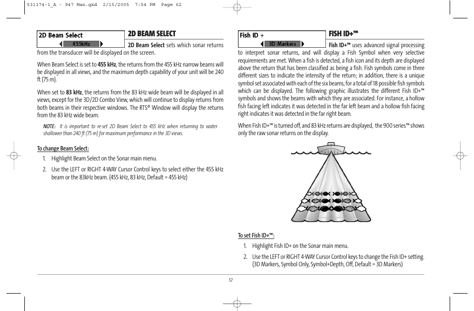 2d beam select, Fish id | Humminbird 947C User Manual | Page 62 / 91