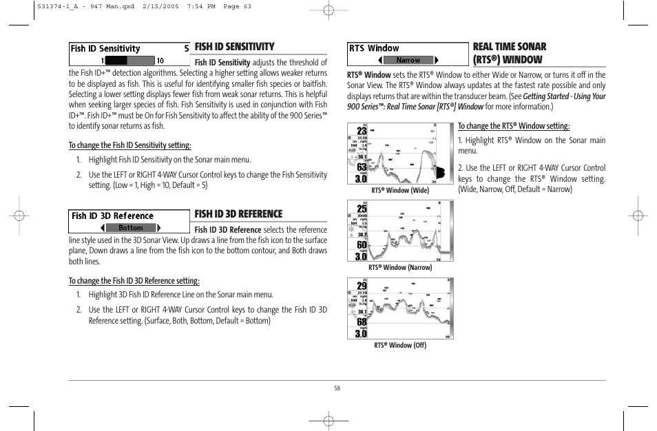 Fish id sensitivity, Fish id 3d reference, Real time sonar (rts®) window | Humminbird 947C User Manual | Page 63 / 91