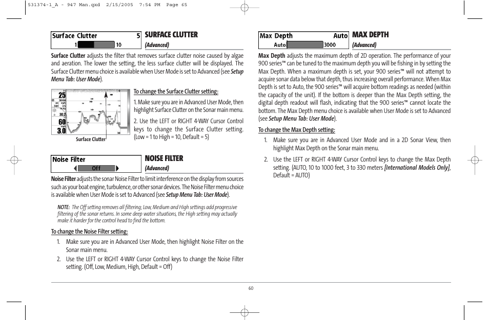 Surface clutter, Noise filter, Max depth | Humminbird 947C User Manual | Page 65 / 91