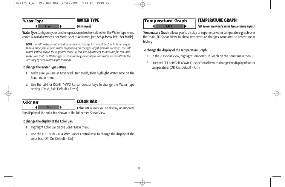 Water type, Color bar, Temperature graph | Humminbird 947C User Manual | Page 66 / 91