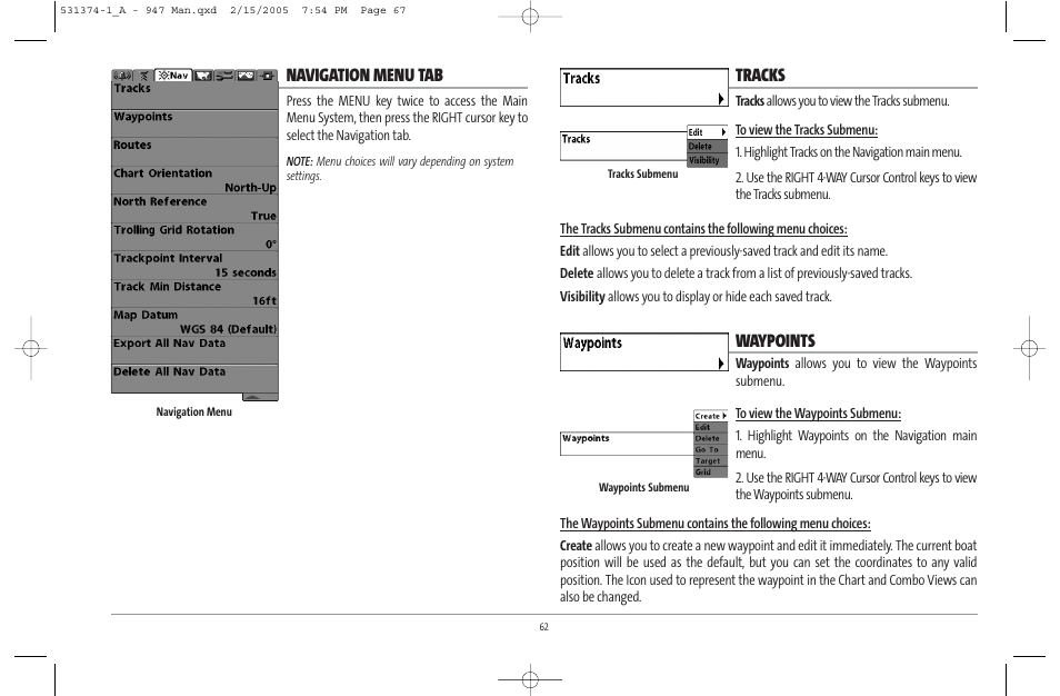 Navigation menu tab, Tracks, Waypoints | Humminbird 947C User Manual | Page 67 / 91