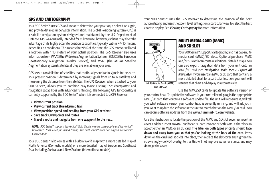 Gps and cartography, Multi-media card (mmc) and sd slot | Humminbird 947C User Manual | Page 7 / 91