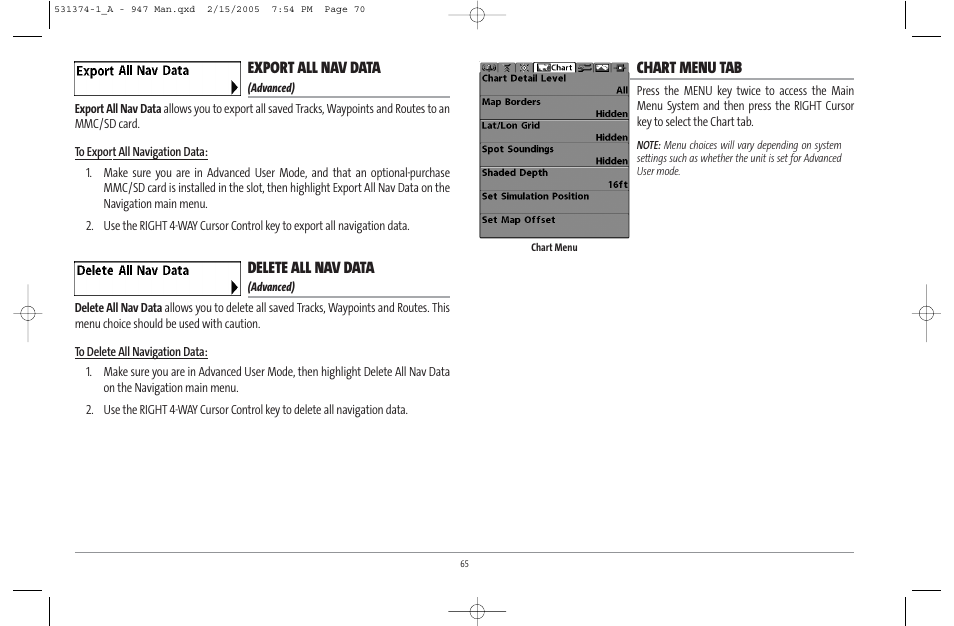 Export all nav data, Delete all nav data, Chart menu tab | Humminbird 947C User Manual | Page 70 / 91
