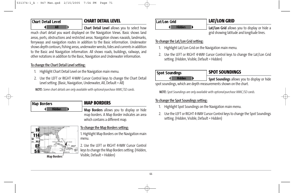 Chart detail level, Map borders, Lat/lon grid | Spot soundings | Humminbird 947C User Manual | Page 71 / 91