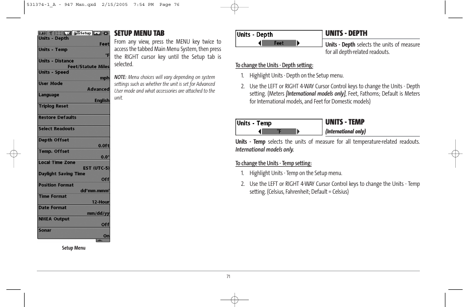 Setup menu tab, Units - depth, Units - temp | Humminbird 947C User Manual | Page 76 / 91