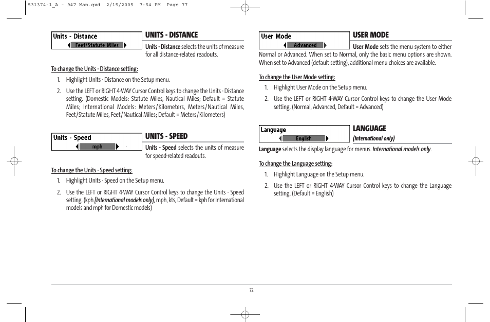 Units - distance, Units - speed, User mode | Language | Humminbird 947C User Manual | Page 77 / 91
