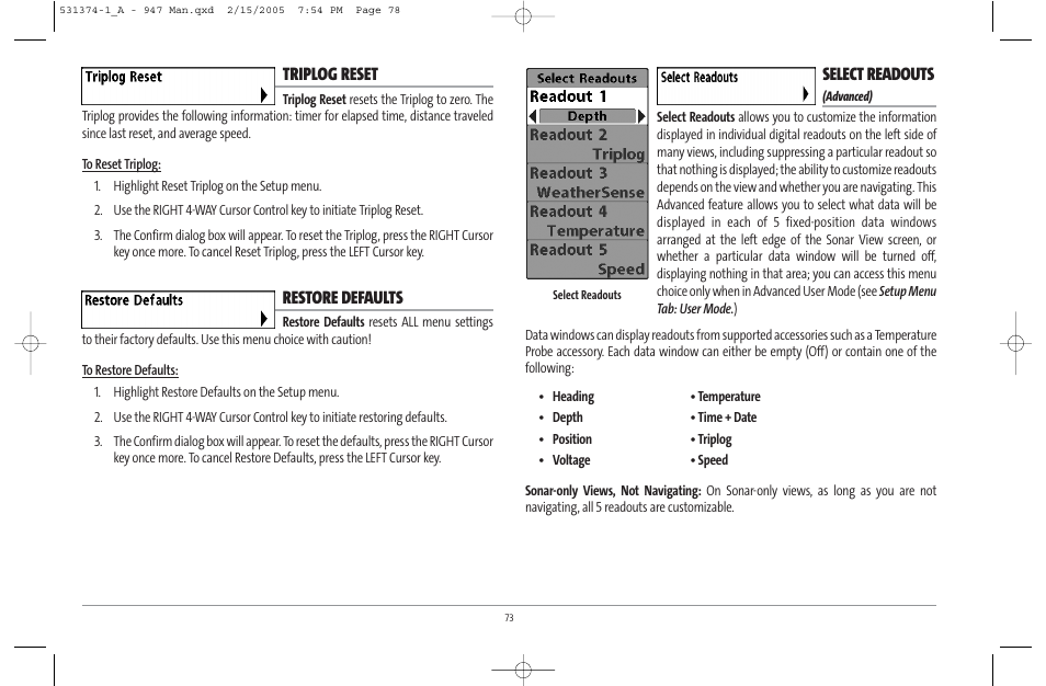 Triplog reset, Restore defaults, Select readouts | Humminbird 947C User Manual | Page 78 / 91