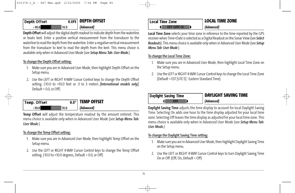 Depth offset, Temp offset, Local time zone | Daylight saving time | Humminbird 947C User Manual | Page 80 / 91