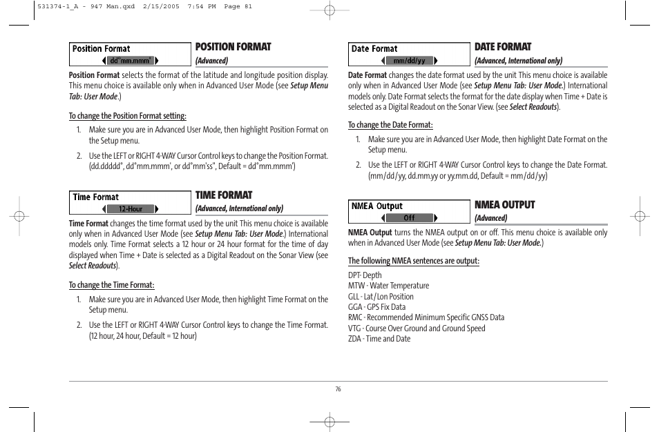 Position format, Time format, Date format | Nmea output | Humminbird 947C User Manual | Page 81 / 91