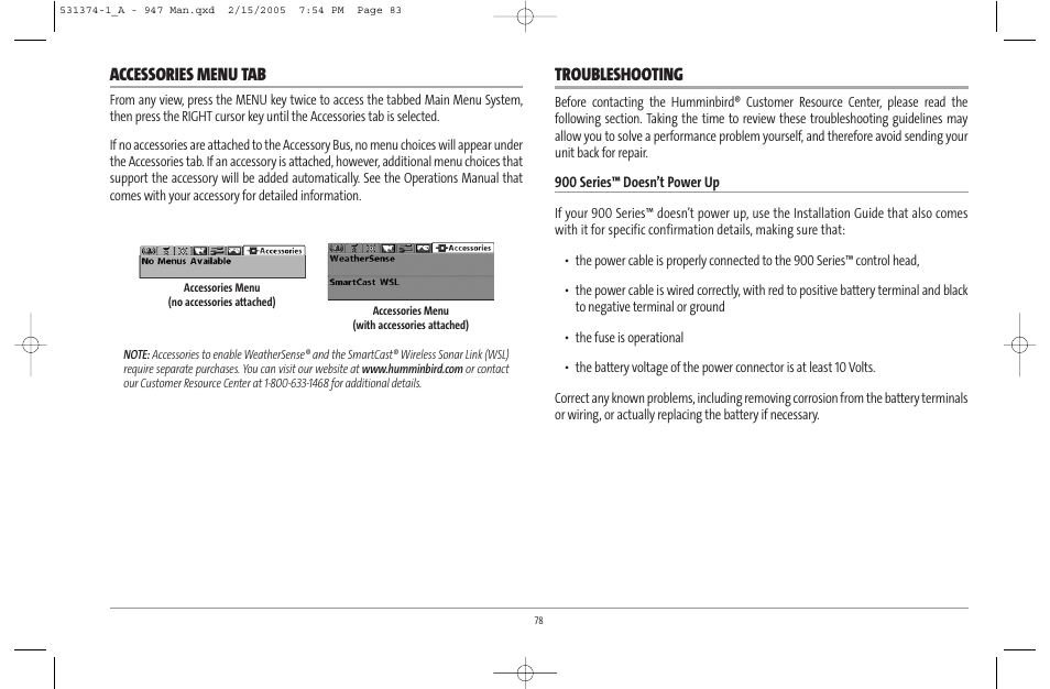 Accessories menu tab, Troubleshooting | Humminbird 947C User Manual | Page 83 / 91