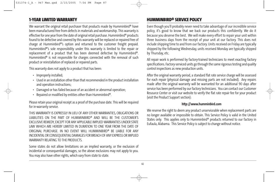 Year limited warranty, Humminbird® service policy | Humminbird 947C User Manual | Page 87 / 91