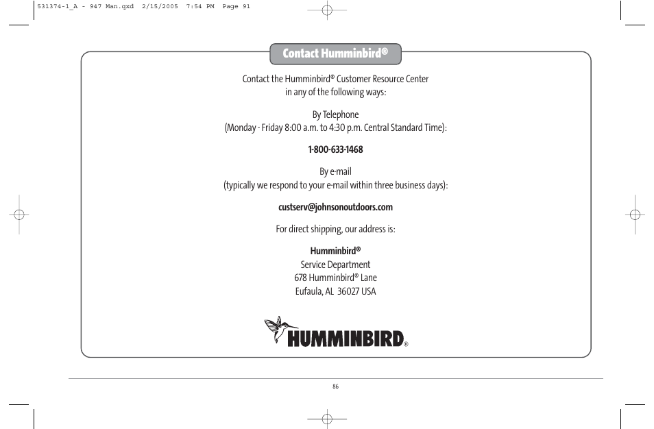 Contact humminbird | Humminbird 947C User Manual | Page 91 / 91