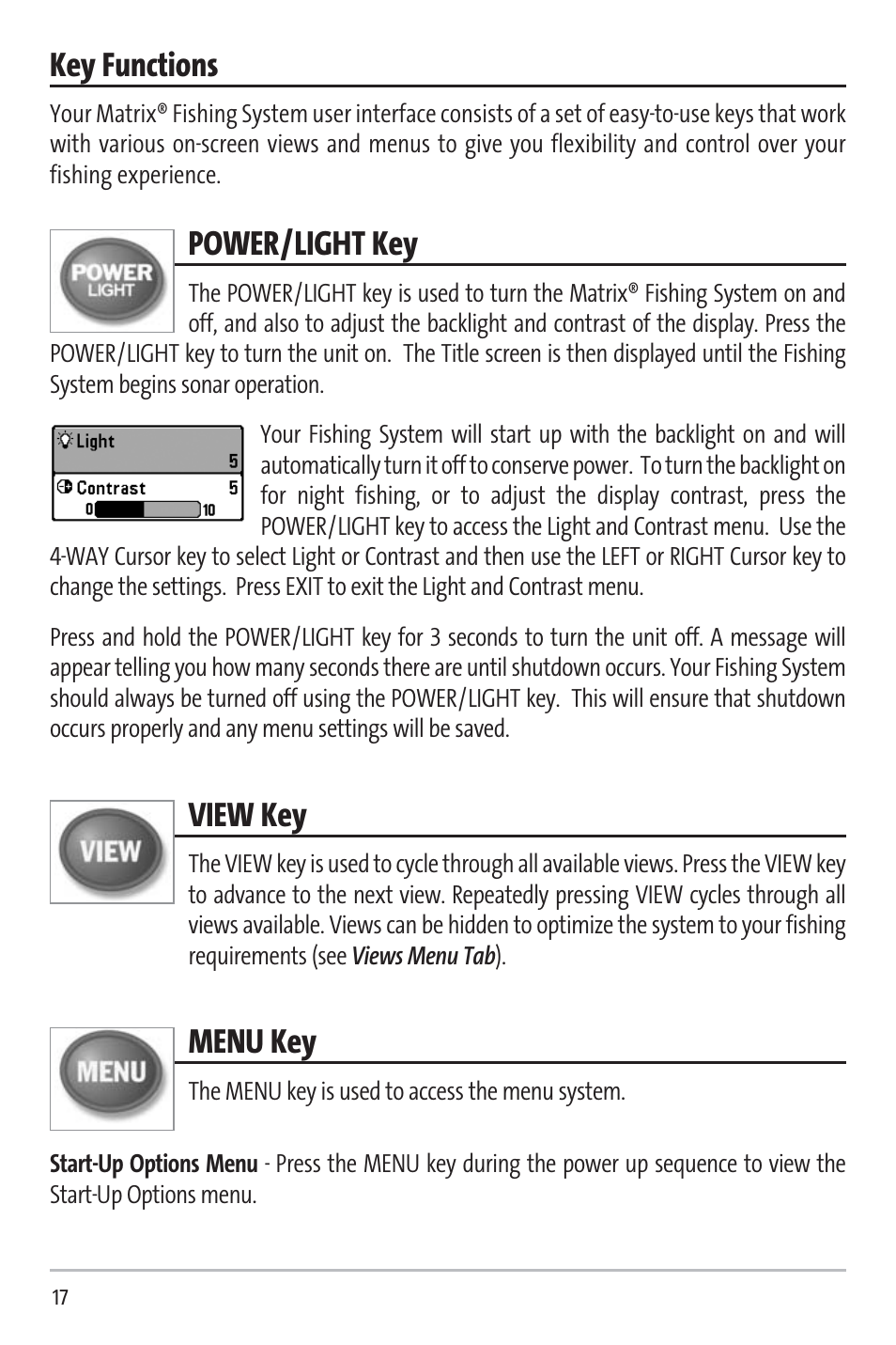 Key functions, Power/light key, View key | Menu key | Humminbird 531338-1_C User Manual | Page 22 / 66