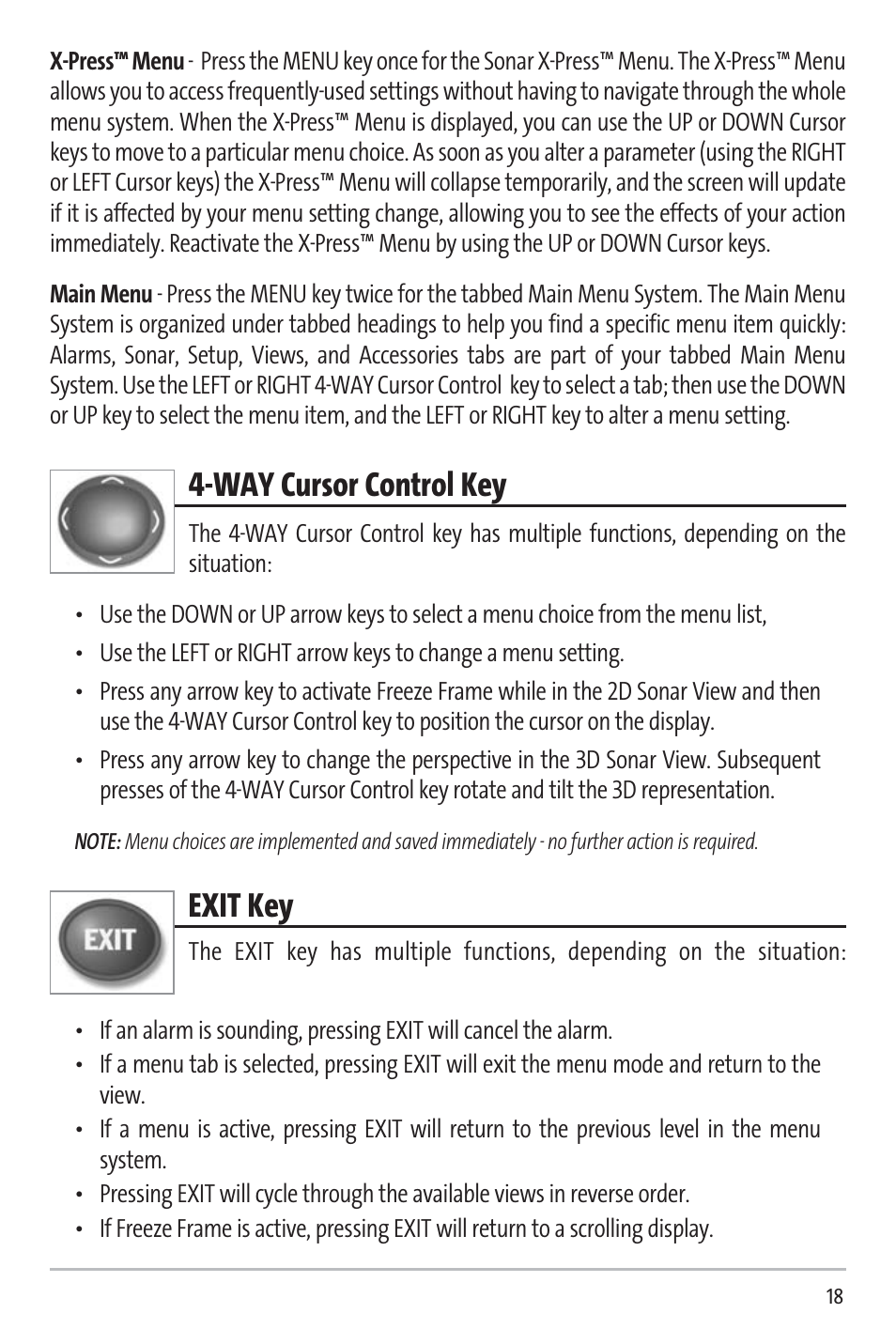 Way cursor control key, Exit key | Humminbird 531338-1_C User Manual | Page 23 / 66