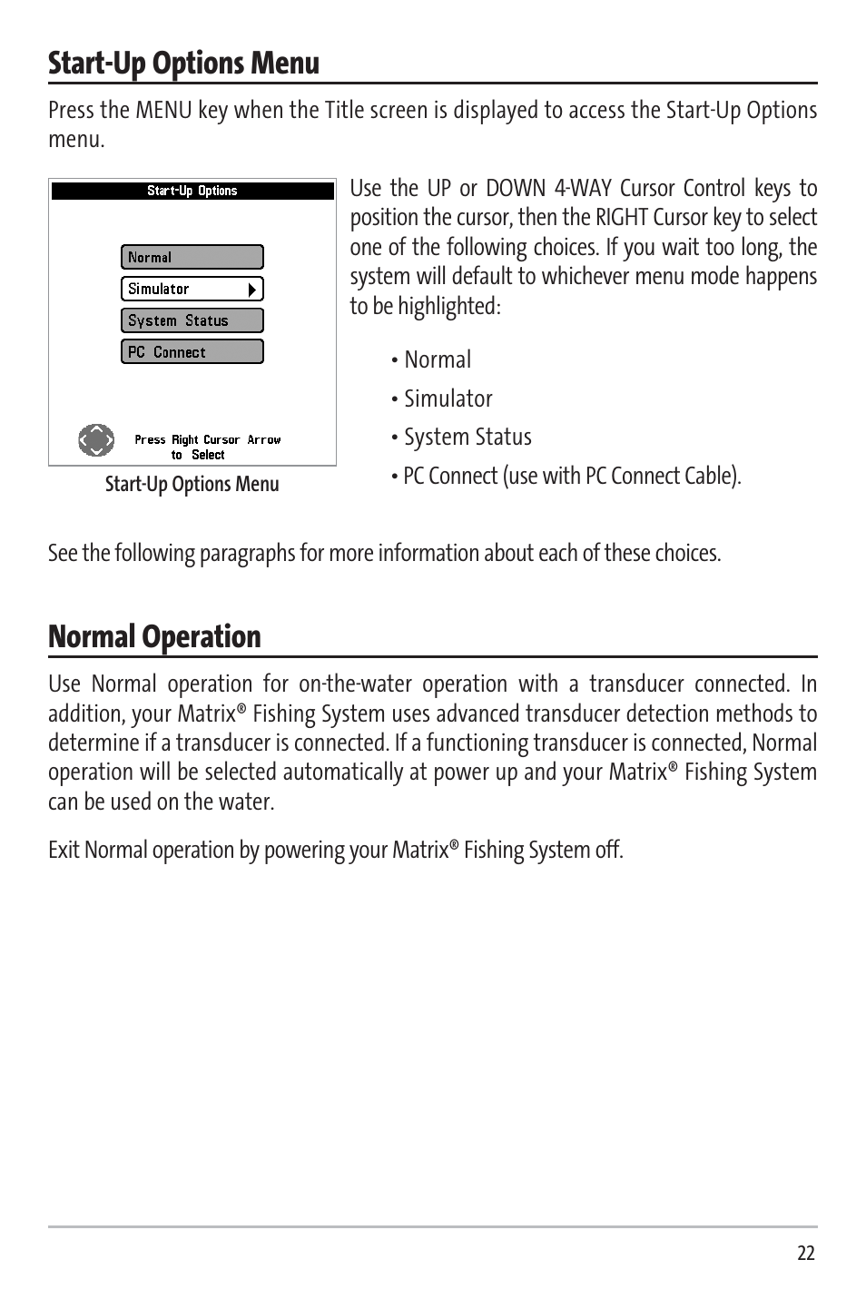 Start-up options menu, Normal operation | Humminbird 531338-1_C User Manual | Page 27 / 66